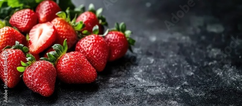 Bartender preparing vibrant cocktail drinks with fresh red strawberries on dark stone surface with empty space for text and greenery accents photo