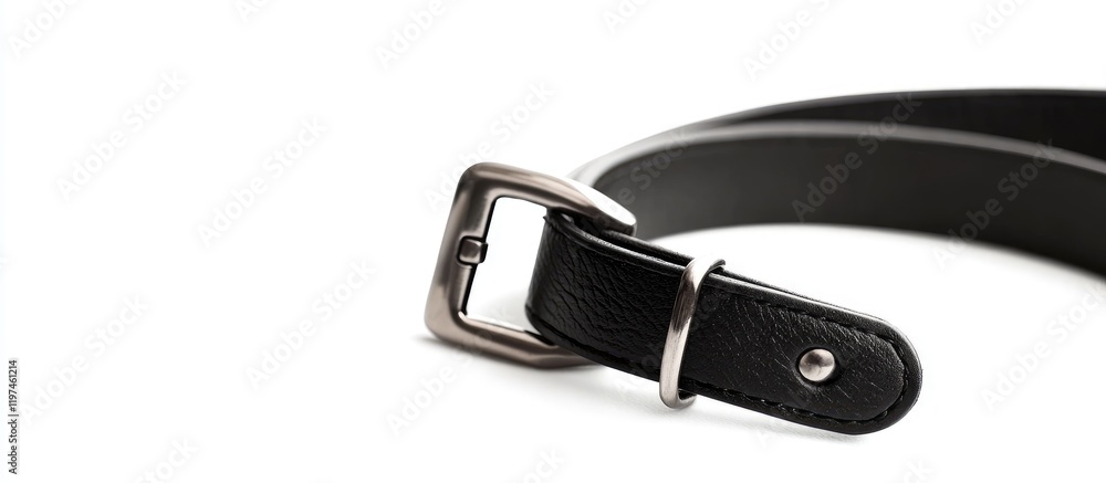 Black Leather Belt with Silver Buckle on Bright White Background Offering Empty Copyspace for Text in Fashion or Accessory Concepts Black Leather Belt with Silver Buckle on Bright White Background Offering Empty Copyspace for Text in Fashion or Accessory Concepts
