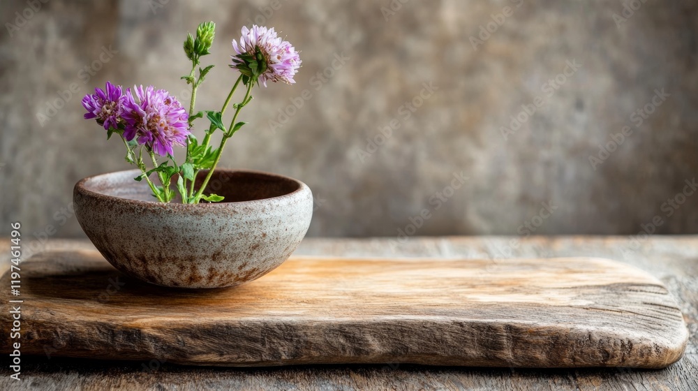 A rustic wooden board holds a small bowl of delicate purple flowers against a textured, neutral background. A rustic wooden board holds a small bowl of delicate purple flowers against a textured, neutral background.