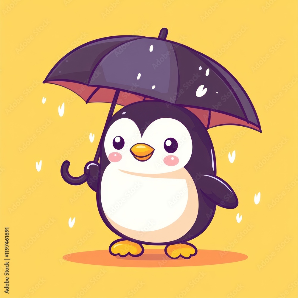 Cute penguin under umbrella in rain Cute penguin under umbrella in rain
