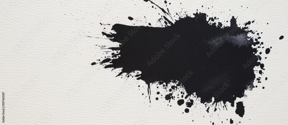 Black ink splash on textured white watercolor paper, featuring a prominent area for text placement; dynamic movement and contrast in colors. Black ink splash on textured white watercolor paper, featuring a prominent area for text placement; dynamic movement and contrast in colors.