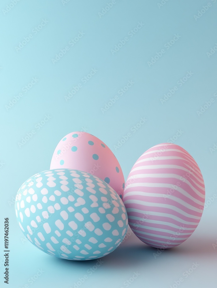 3D Illustration. Easter eggs with different patterns on pastel color isolated background. Happy Easter concept. 3D Illustration. Easter eggs with different patterns on pastel color isolated background. Happy Easter concept.