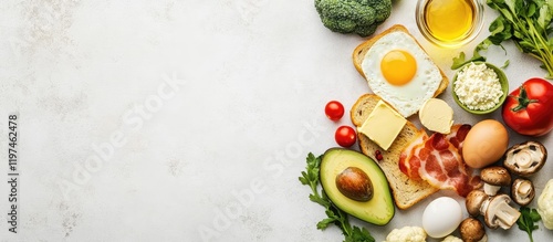 Top View of Colorful Breakfast Spread with Toast Avocado Butter Eggs Mushrooms Turkey Bacon Fresh Vegetables on Gray Surface with Copy Space photo