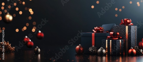 Elegant Black Friday Sale Concept with Stylish Black and Red Gift Boxes on a Dark Background Featuring Bokeh Lights and Empty Copyspace for Text photo