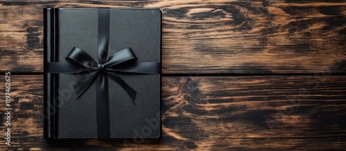 Black Leather Journal with Ribbon Bow on Wooden Table, Featuring Empty Space for Text, Dark Color Palette, Top-Down Perspective. photo