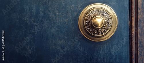 Elegant brass doorknob featuring intricate circular base and decorative trim on aged wooden door with rich dark blue texture and ample copy space