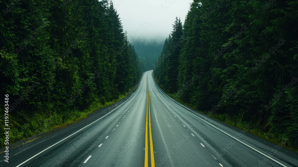 Fototapeta premium Modern Freeway Cutting Through Dense Green Forest With High-Speed Perspective