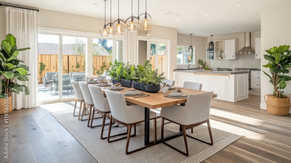 Fototapeta premium A spacious open-plan dining room with a large wooden table, contemporary chairs, and bright hanging lights.