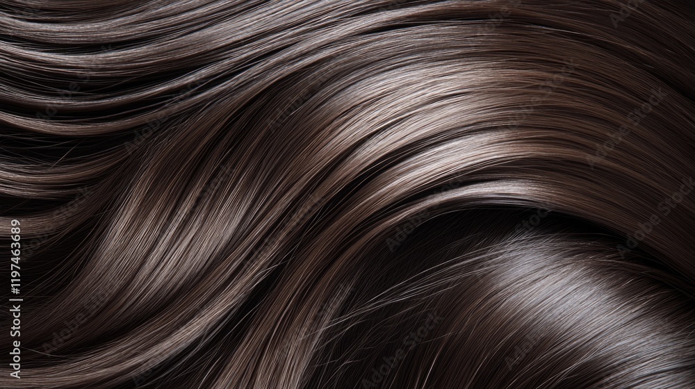 Close-up view of smooth shiny dark brown hair strands with natural waves and texture featuring ample copy space for text placement