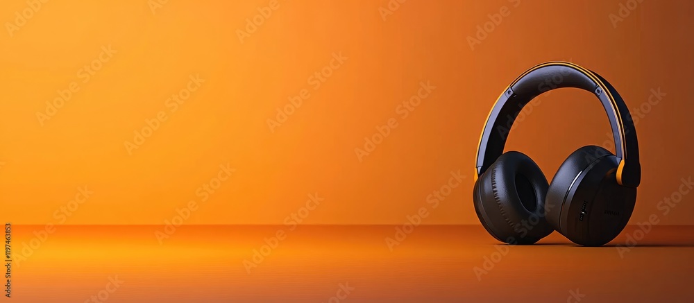 Black Wireless Headphones on a Vibrant Orange Tabletop Isolated with Ample Copyspace for Text and Personal Branding Opportunities