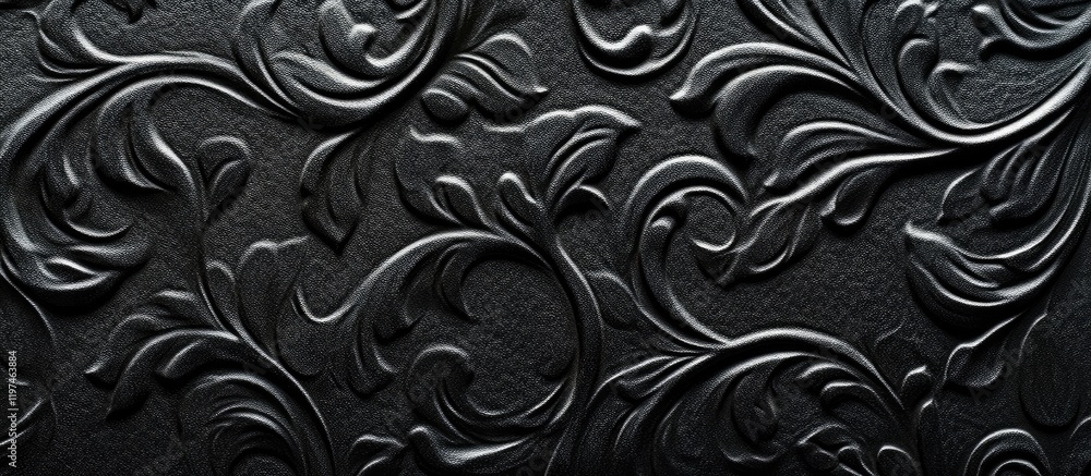 Luxurious black leather texture featuring intricate embossed floral designs on a dark background with ample copyspace for elegant text placement. Luxurious black leather texture featuring intricate embossed floral designs on a dark background with ample copyspace for elegant text placement.