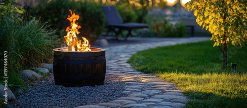 Cozy barrel fire pit with vibrant flames beside a stone pathway in a lush green garden during warm evening twilight glow with soft shadow details. photo