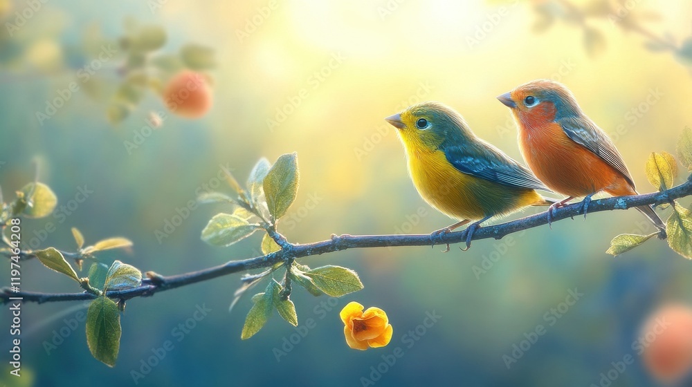 Couple of romantic finch birds on a branch. Love concept. Generative AI Couple of romantic finch birds on a branch. Love concept. Generative AI