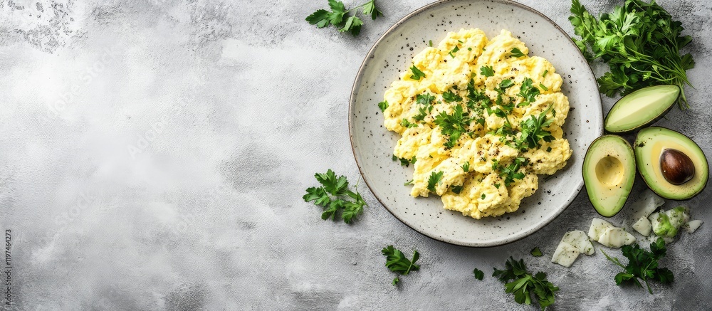 Scrambled Eggs with Fresh Herbs and Avocado on Plate Against a Soft Grey Background with Empty Space for Text and Decorative Greens Scrambled Eggs with Fresh Herbs and Avocado on Plate Against a Soft Grey Background with Empty Space for Text and Decorative Greens