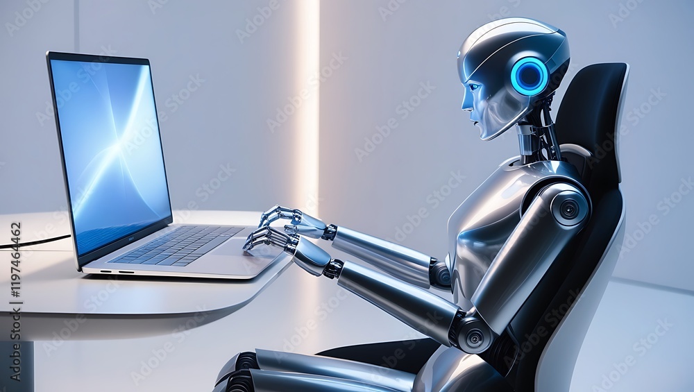 Naklejka premium Futuristic Robot Working on Laptop in High-Tech Office Environment