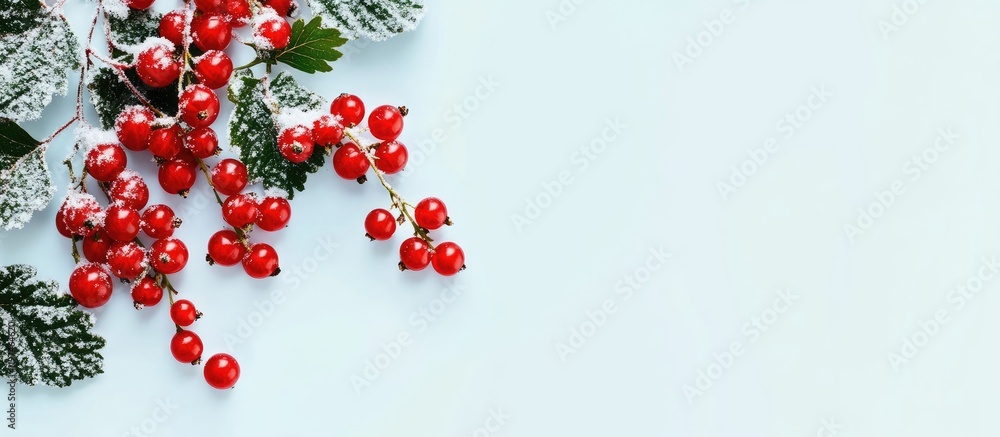 Red viburnum branch adorned with snow on a soft blue background, ripe currant berries creating a serene winter atmosphere, empty space for text. Red viburnum branch adorned with snow on a soft blue background, ripe currant berries creating a serene winter atmosphere, empty space for text.