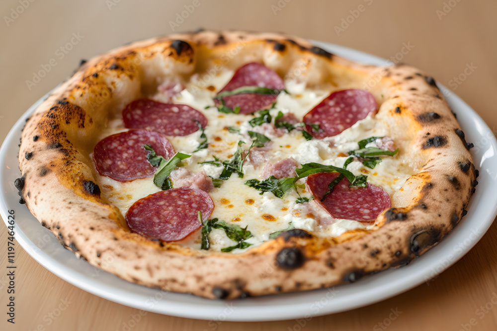 Delicious Pizza topped with mozzarella, tomatoes and salami. Tasty italian mediterranean food Delicious Pizza topped with mozzarella, tomatoes and salami. Tasty italian mediterranean food