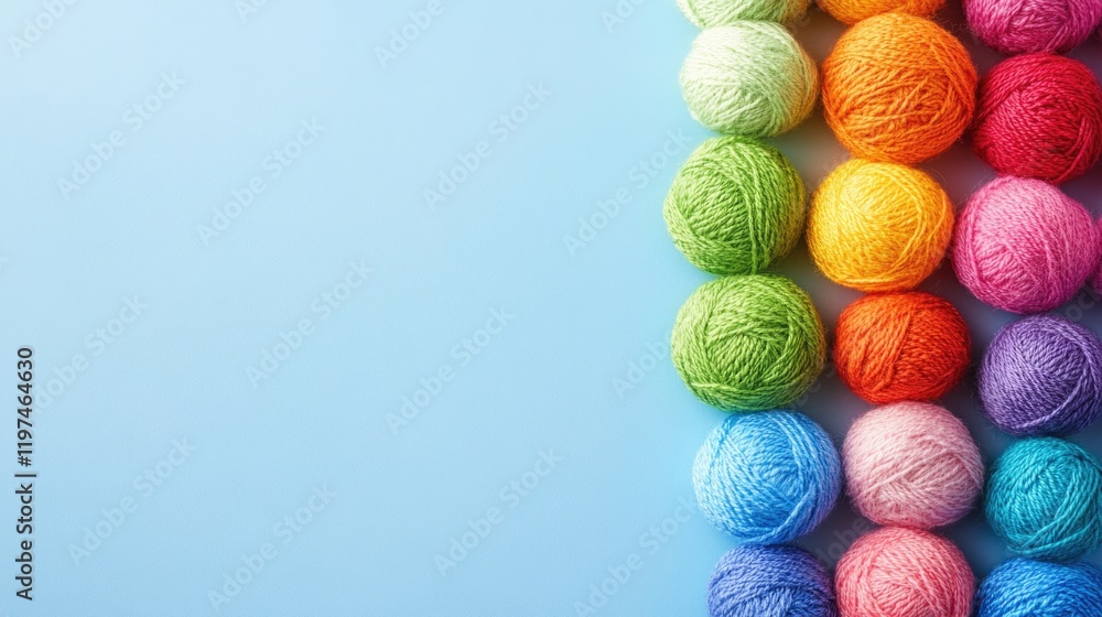 Colorful yarn balls arranged on a blue background with ample copy space for text insertion. Creative crafting materials. Colorful yarn balls arranged on a blue background with ample copy space for text insertion. Creative crafting materials.