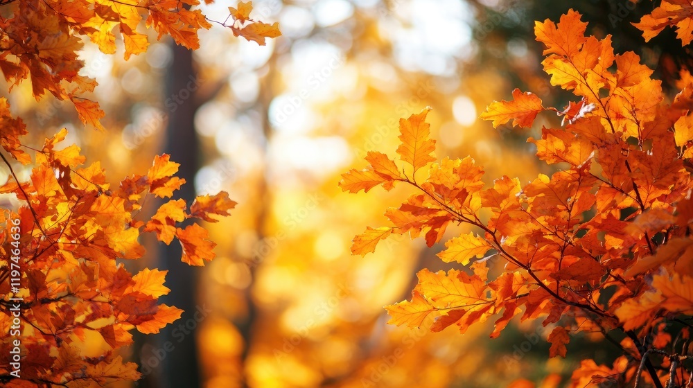 Autumn foliage with vibrant orange leaves illuminated by soft sunlight in a blurred forest background offering copy space for text placement. Autumn foliage with vibrant orange leaves illuminated by soft sunlight in a blurred forest background offering copy space for text placement.