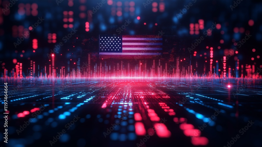 Fototapeta premium Digital American flag on futuristic blue and red grid with glowing data points, symbolizing technology and innovation, perfect for patriotic or tech-related content