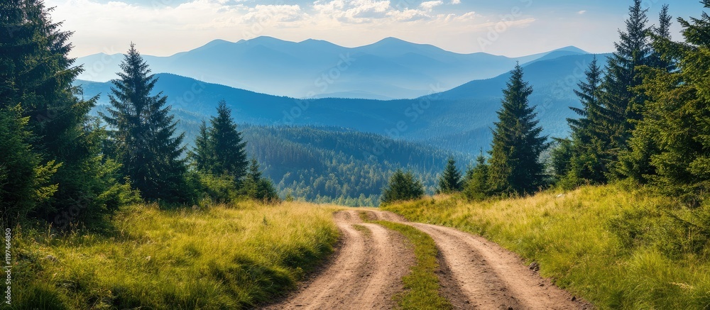 Fototapeta premium Mountain Range Landscape with Dirt Path and Open Area for Text Space