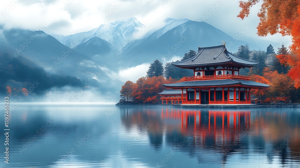 Fototapeta premium Serene Autumn Temple Lakeside Mountain View