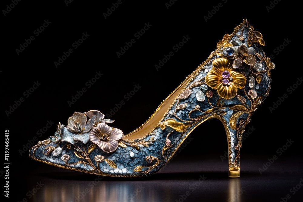 Fototapeta premium Jewel-encrusted high-heel shoe, floral design, dark background, studio shot, fashion accessory