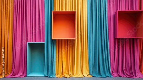 Colorful fabric drapes in shades of pink turquoise and yellow with empty display boxes against a backdrop Copy Space photo