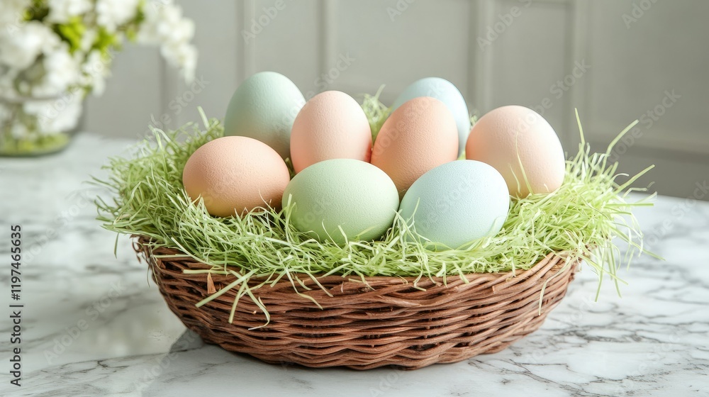 A wicker basket with pastel Easter eggs and faux grass, arranged elegantly on a marble surface A wicker basket with pastel Easter eggs and faux grass, arranged elegantly on a marble surface