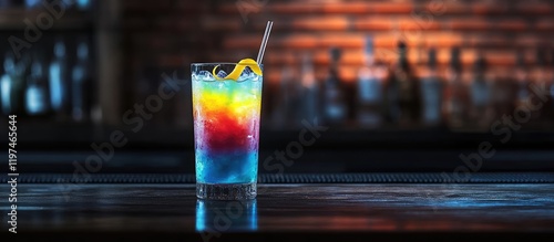 Colorful cocktail with vibrant layers of blue, red, and yellow garnished with lemon slice on dark bar countertop with blurred background. photo