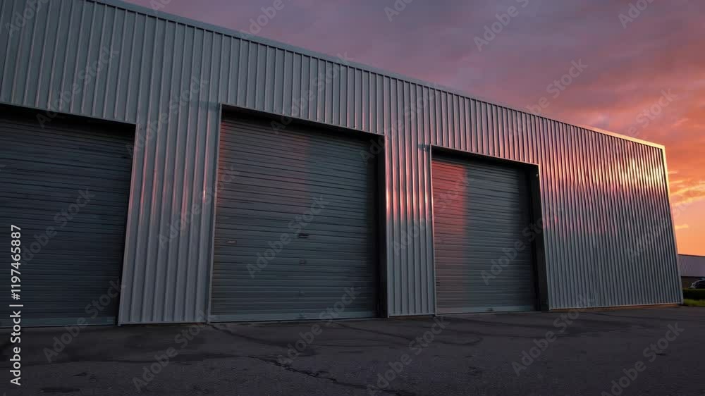 warehouse exterior with sleek gray metal cladding and large garage doors at sunset warehouse exterior with sleek gray metal cladding and large garage doors at sunset