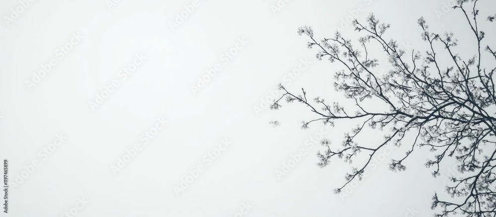 Obraz premium Delicate Cherry Blossom Branches with Soft Pink Buds Against a Light Gray Sky Ideal for Tranquil Backgrounds and Text Overlay