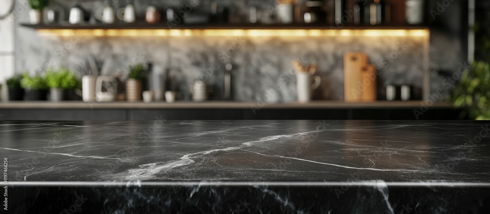 Black marble tabletop with blurred kitchen background, copyspace for text display Black marble tabletop with blurred kitchen background, copyspace for text display