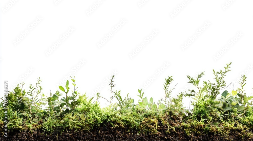 Fresh green plants and soil layer with copy space for natural and organic themes isolated on white background Fresh green plants and soil layer with copy space for natural and organic themes isolated on white background