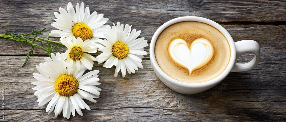 Romantic Latte Art with Daisies on Rustic Wood Romantic Latte Art with Daisies on Rustic Wood