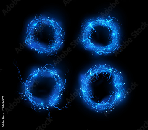 Vector illustration of a set depicting lightning circles and glowing particles.