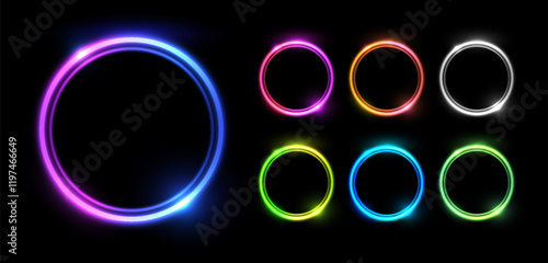 Neon gradient line circle frame, glow round border colorful futuristic luminous disc vector set, bright hole light ring