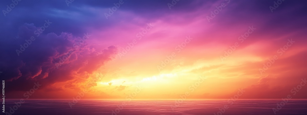 Obraz premium Colorful sunset over calm ocean with dramatic clouds and reflections in the water Copy Space