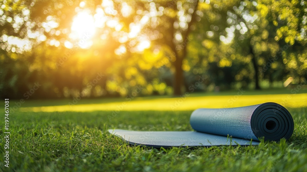 A yoga mat on a grassy field, ready for an outdoor workout under the sun A yoga mat on a grassy field, ready for an outdoor workout under the sun