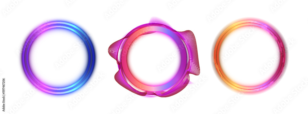 A set of multi-colored neon circles with jagged edges and a double frame.