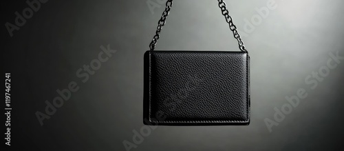 Black Hanging Purse Wallet Fashion Accessory with Chain on Dark Background and Empty Copyspace for Text in Studio Setting photo