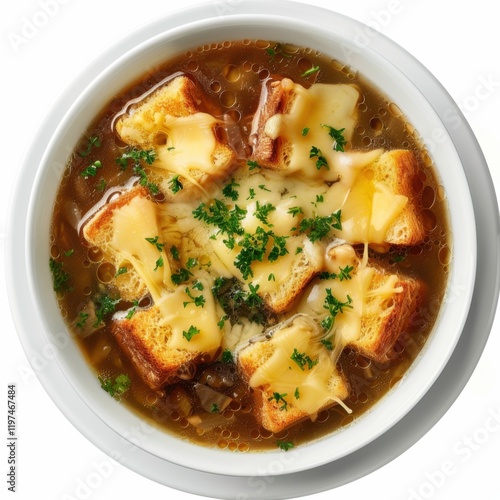 Wallpaper Mural A savory bowl of French onion soup with melted cheese and croutons, isolated white background, hyperrealism art style Torontodigital.ca