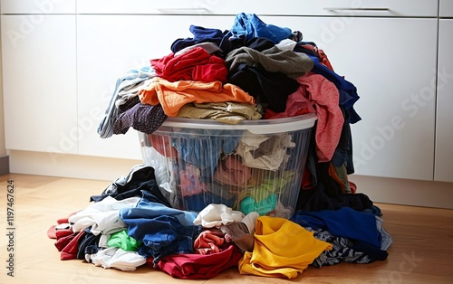 Overstuffed Laundry Basket Overflowing with Clothes photo