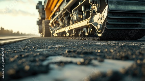 Close-up view of a heavy asphalt paving machine laying fresh asphalt on a road with a blurred background and warm lighting Copy Space photo