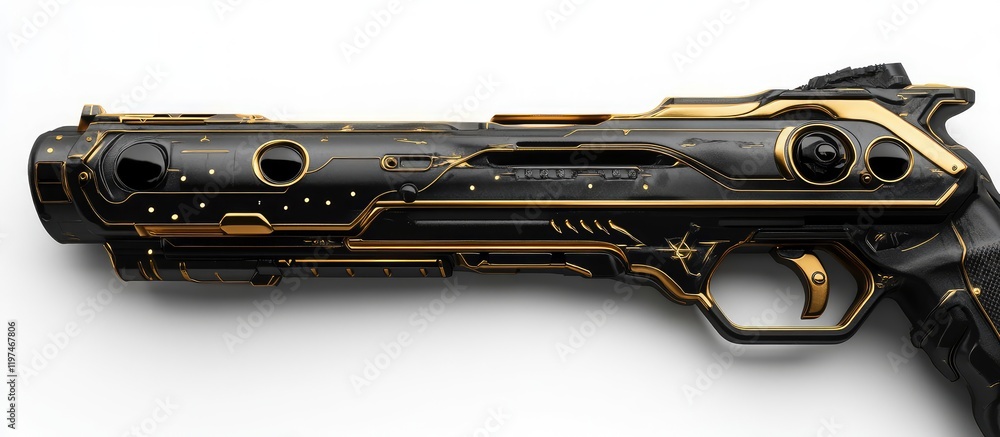 Naklejka premium Black futuristic firearm with gold accents isolated on white background for copyspace empty for text layout high resolution professional stock photography