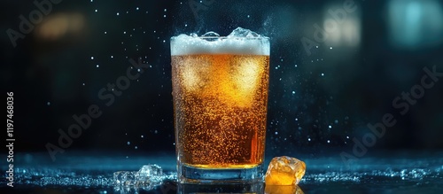 Refreshing cold fizzy beer in a glass with ice cubes on a dark bar counter, bubbles rising, suitable for beverage advertising and promotional use.