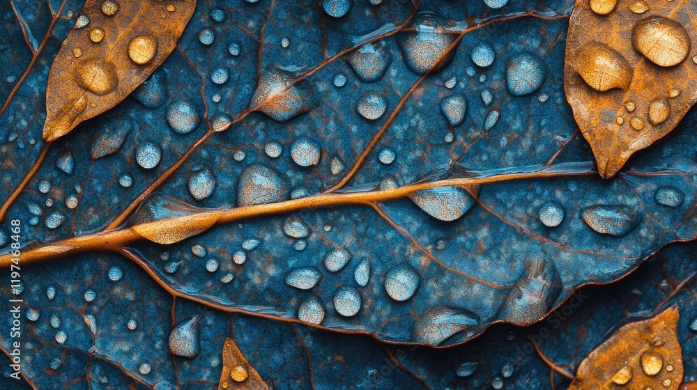 Fototapeta premium Close-up of water droplets on colorful leaves with rich textures and contrasting colors Copy Space
