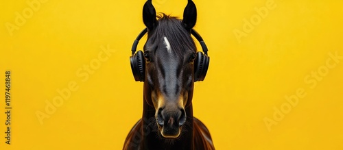 Black horse wearing black headphones prominently featured against bright yellow background with ample copyspace for text and design elements photo