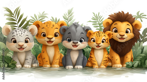 Fototapeta Naklejka Na Ścianę i Meble -  Adorable cartoon animals including a lion, tiger, and leopard cubs playfully posing in a lush jungle