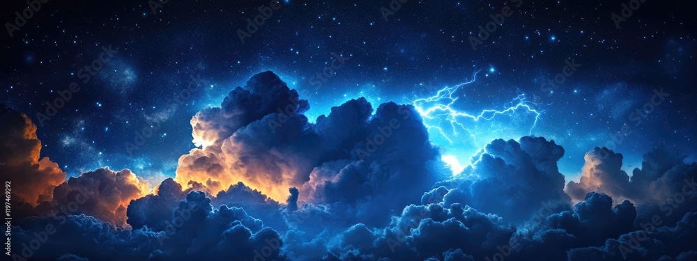 Dramatic blue and orange thunderstorm clouds illuminated by lightning in a night sky with stars and copy space for text Dramatic blue and orange thunderstorm clouds illuminated by lightning in a night sky with stars and copy space for text